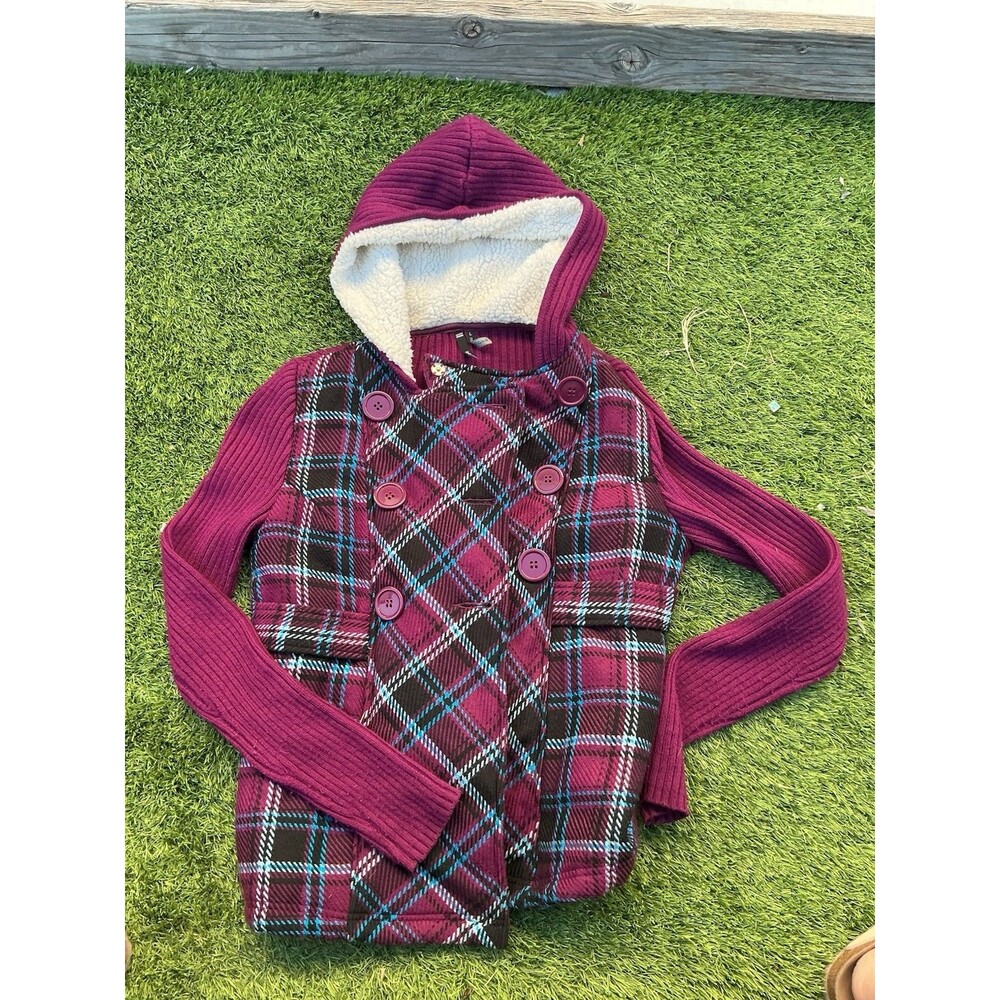 Women’s L Plaid Hooded Jacket Sherpa Lined Burgundy Double Breasted Coat